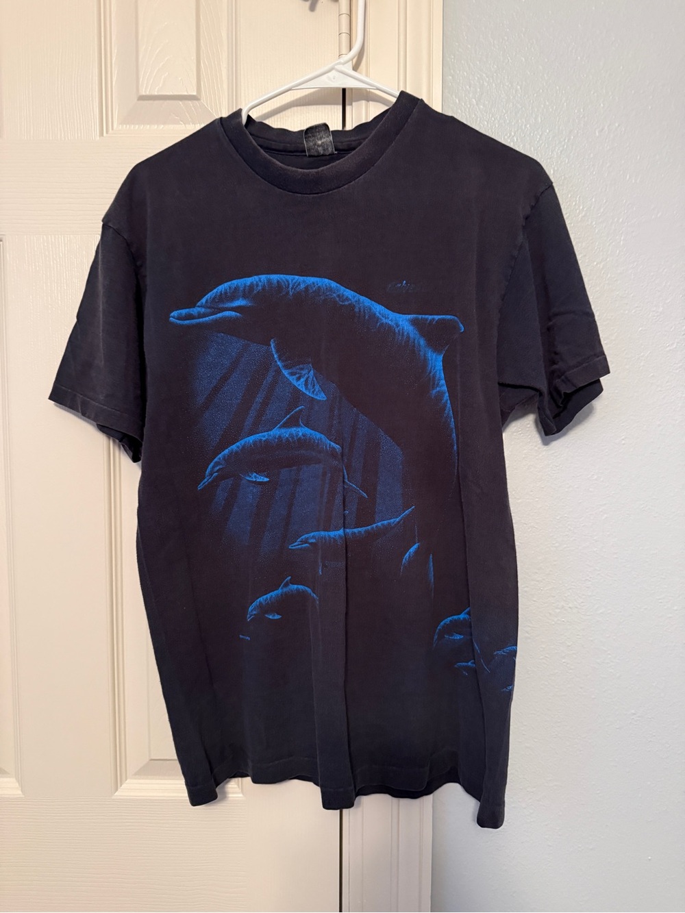 Vintage Dolphin Shirt Mens Large Black Blue Sherrys Best Single Stitch Sea Ocean